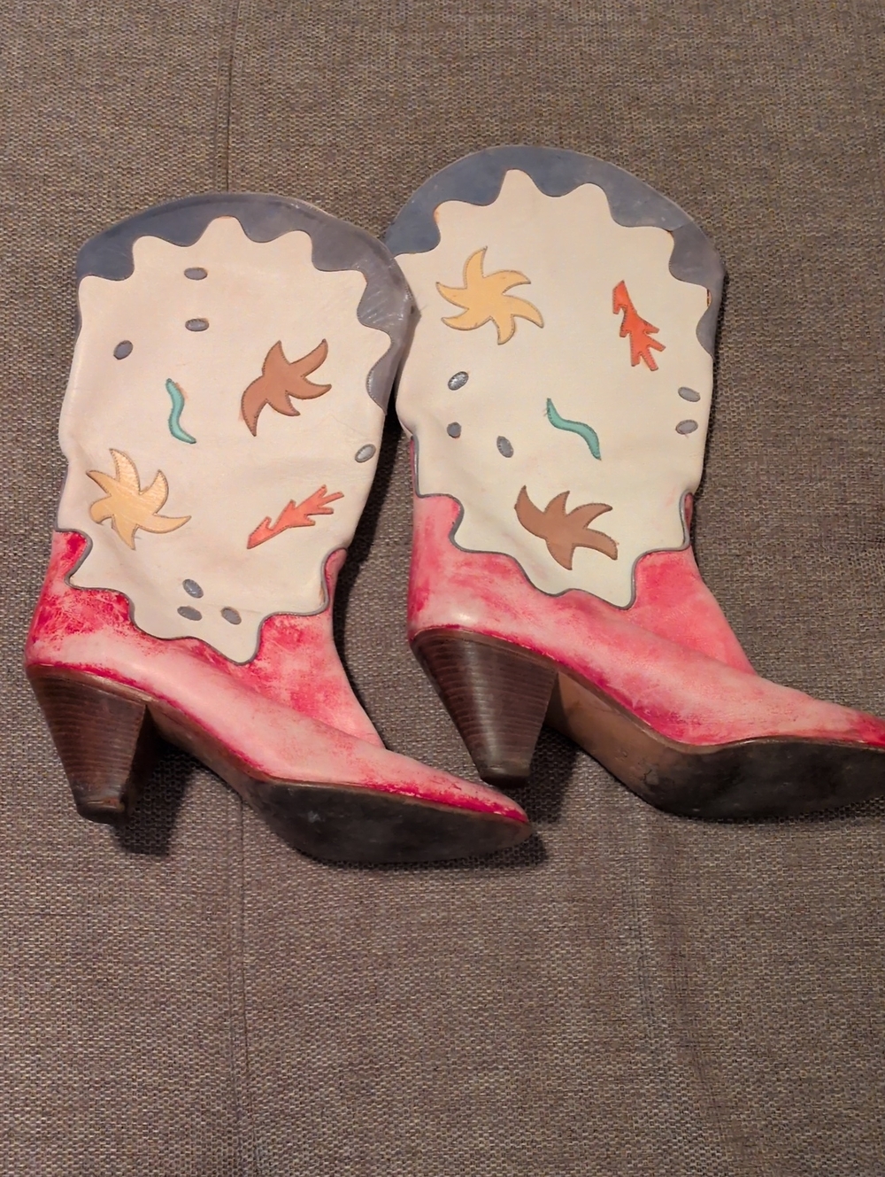Neiman Marcus Pink, Cream and Gray Hand-Painted Western Heeled Boots VINTAGE